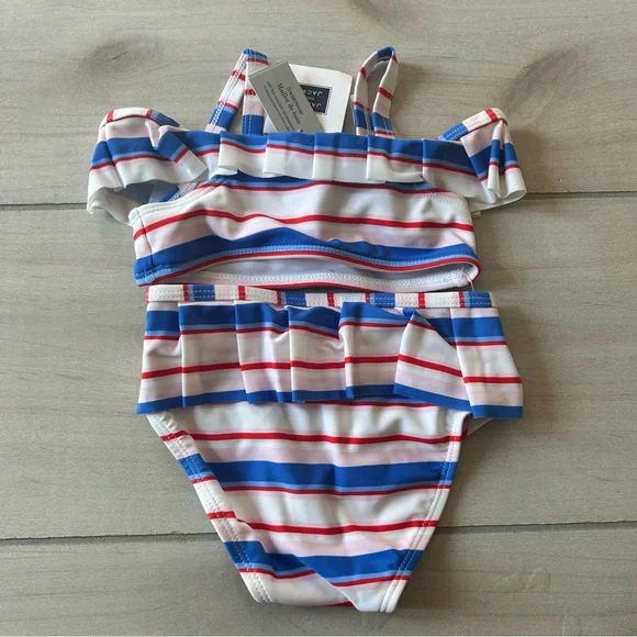 NWT Janie and Jack Girls Two-Piece Ruffle Stripe Swimsuit Blue, Red, White Pink - Picture 4 of 4